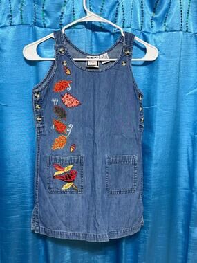 Take Two Co. Dress Girls L 12/14 Jumper Dress Blue Denim Fall Leaves Cardinal